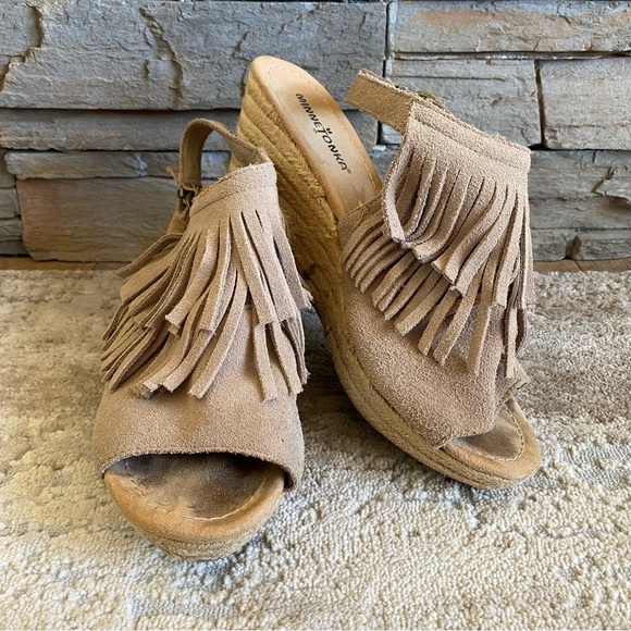 Minnetonka Wedges Sandal Ashley Espadrille Tassel Suede Leather Tan Open Toe: 9 - Picture 3 of 14